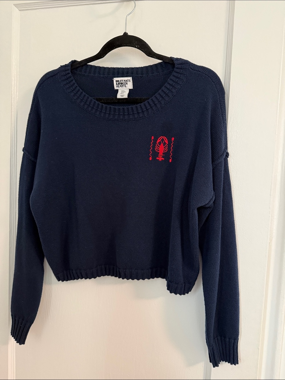 Wildfang Navy Cropped Crewneck Sweater with Red Chest Embroidery